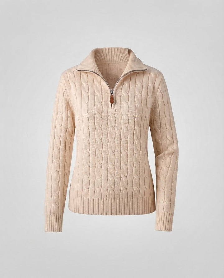 Damen Kabelstrick-Pullover mit halbem Reißverschluss und Stehkragen Echoarchiv