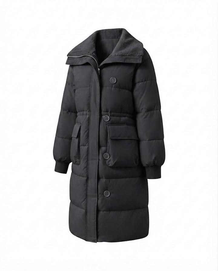 Damen langer gepolsterter Mantel mit Sherpa-Schalkragen, Taille mit Kordelzug und großen Klappentaschen