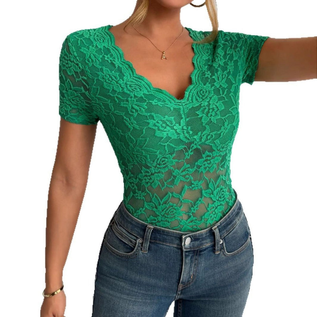Damen Einfarbig Sexy Spitze V-Ausschnitt Kurzarm – Avérine