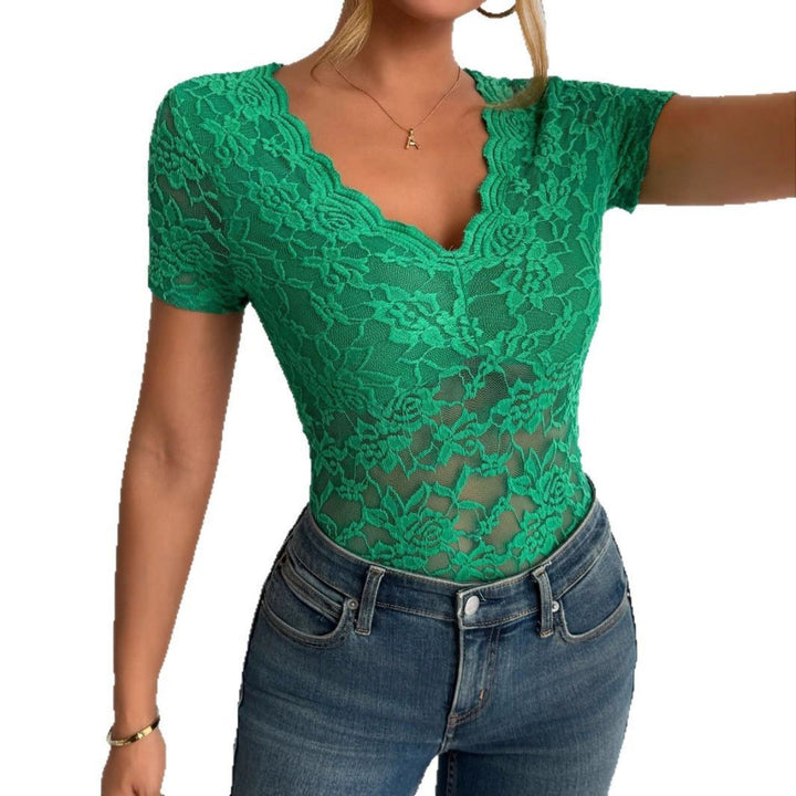 Damen Einfarbig Sexy Spitze V-Ausschnitt Kurzarm – Avérine