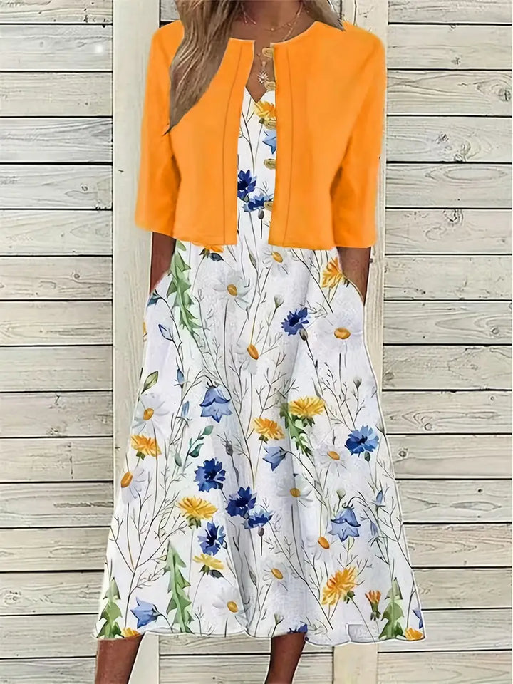 Echoarchiv – elegantes zweiteiliges blumenkleid-set mit einfarbigem crop-top und kleid mit rundhalsausschnitt