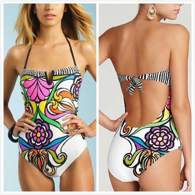 Damen Bandeau Badeanzug mit verschlussfreier Vorderseite und buntem Floral-Muster Echo Archiv