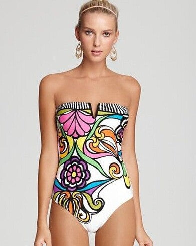 Damen Bandeau Badeanzug mit verschlussfreier Vorderseite und buntem Floral-Muster Echo Archiv