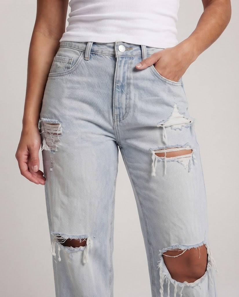 Damen Weite Distressed-Jeans mit hoher Taille und großen Rissen Echoarchiv