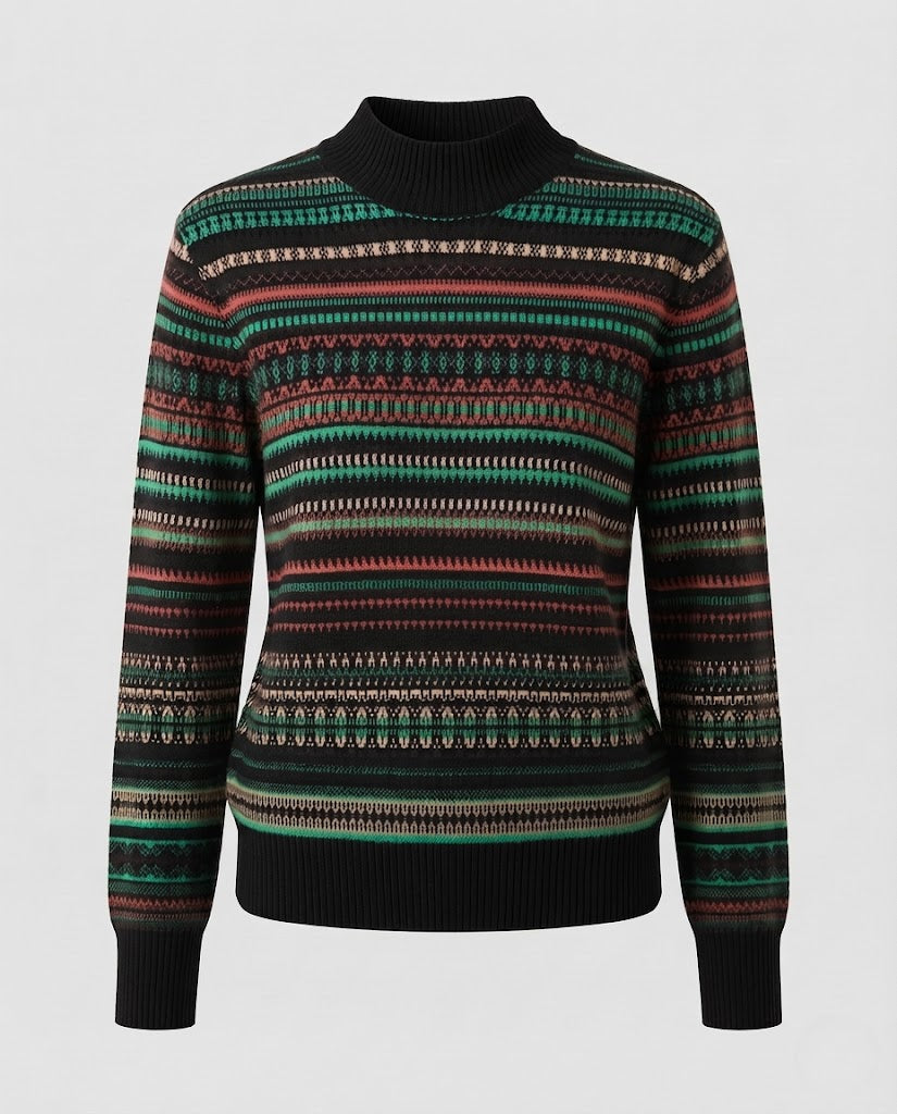 Damen Jacquard-Feinstrickpullover mit kurzem Stehkragen, kastiger Silhouette und Multistreifen-Design Echoarchiv