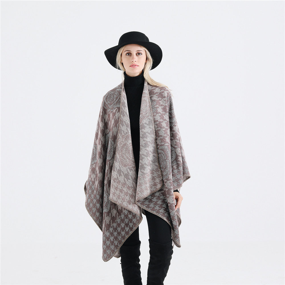 Damen Jacquard-Ruana mit Hahnentritt- und Rosenmotiv – Avérine