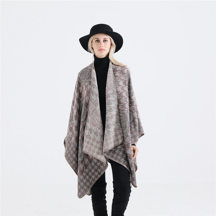 Damen Jacquard-Ruana mit Hahnentritt- und Rosenmotiv – Avérine