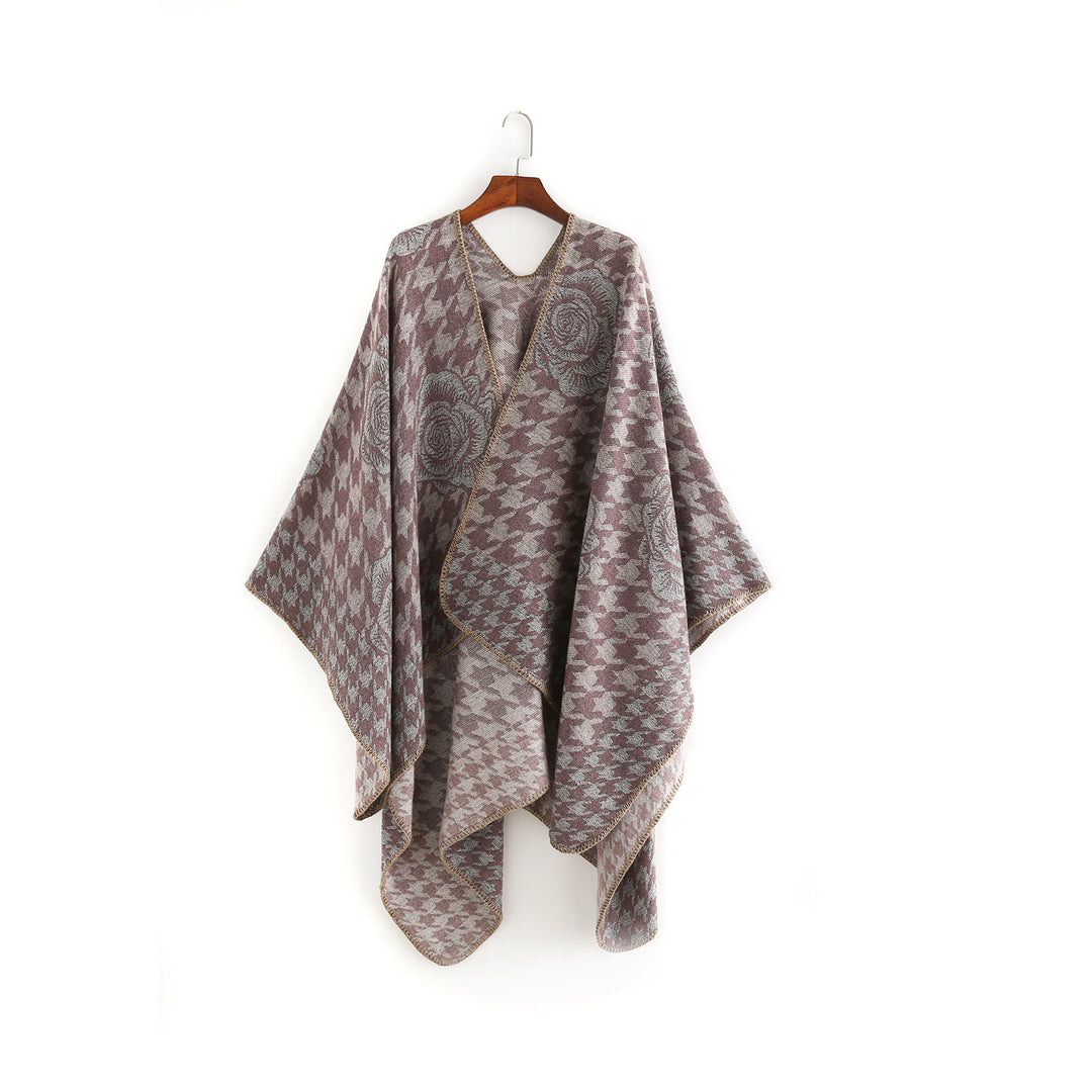 Damen Jacquard-Ruana mit Hahnentritt- und Rosenmotiv – Avérine