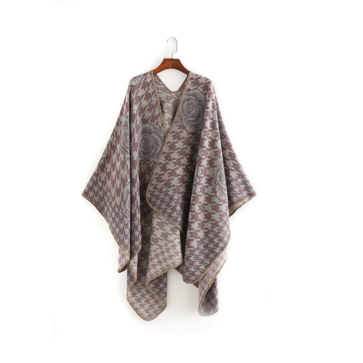 Damen Jacquard-Ruana mit Hahnentritt- und Rosenmotiv – Avérine