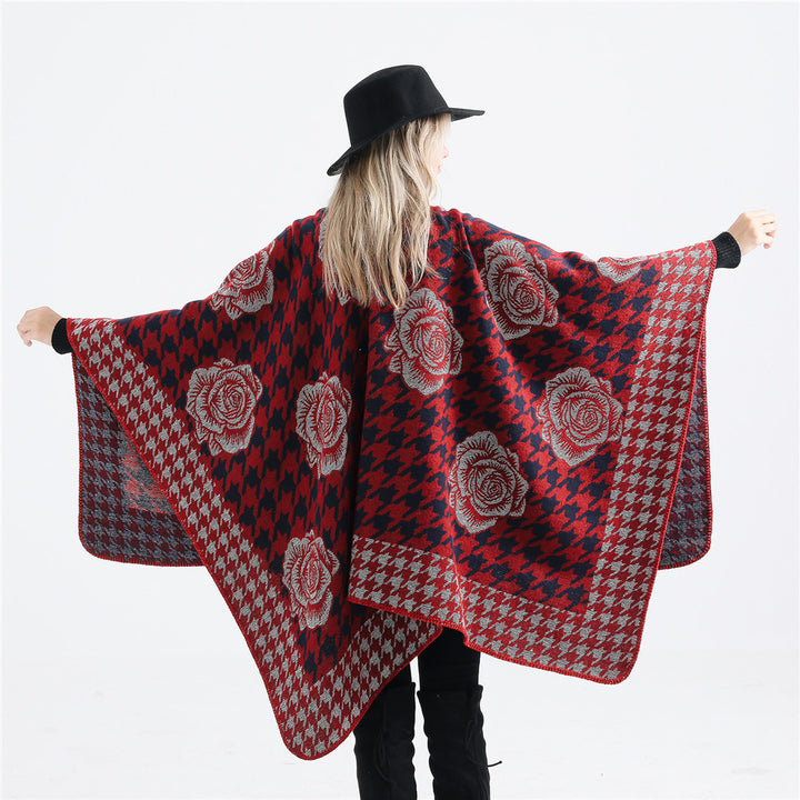 Damen Jacquard-Ruana mit Hahnentritt- und Rosenmotiv – Avérine