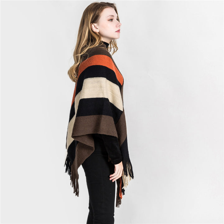 Damen Oversize‑Strickruana mit Fransensaum und diagonaler Blockstreifen‑Optik Echo Archiv
