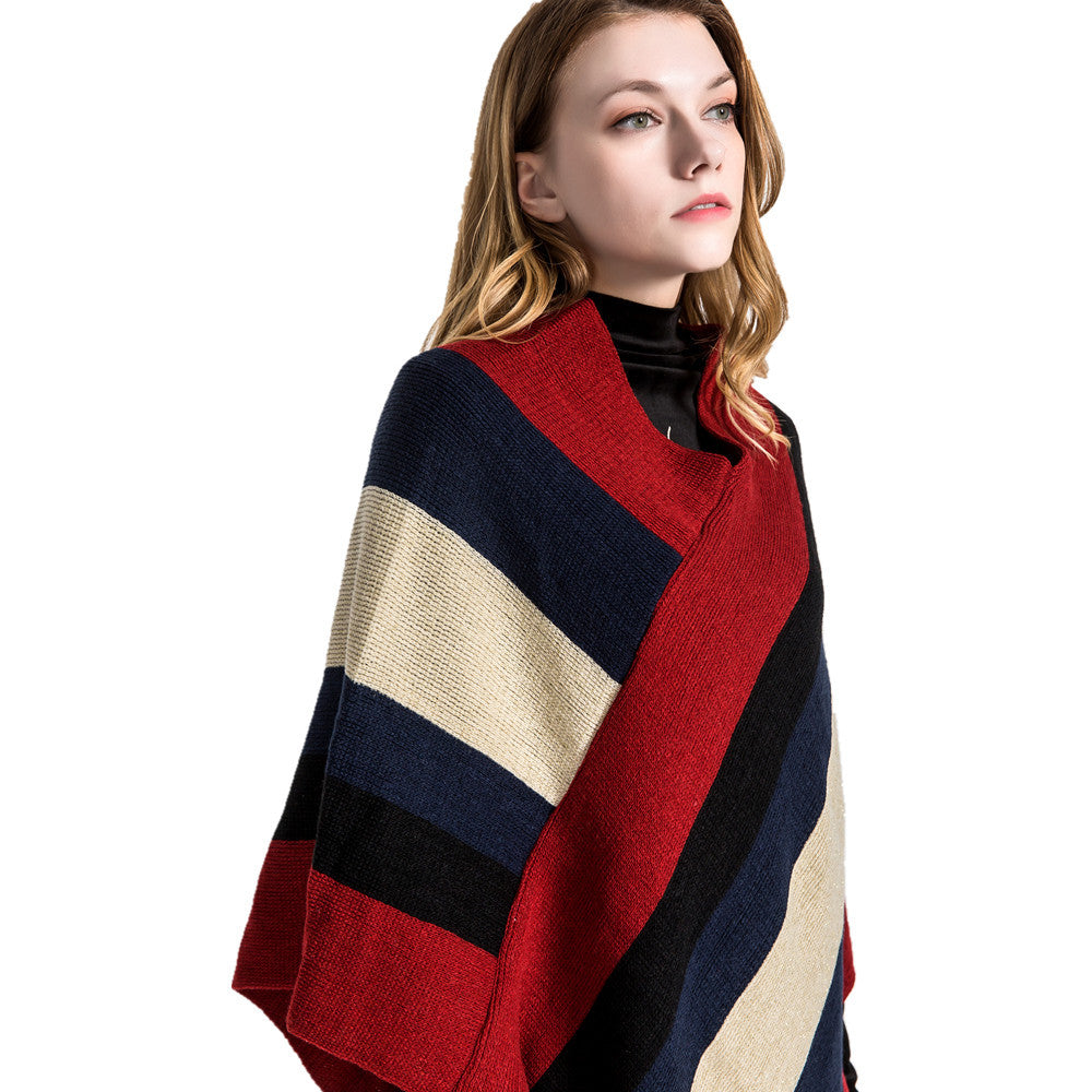 Damen Oversize‑Strickruana mit Fransensaum und diagonaler Blockstreifen‑Optik Echo Archiv