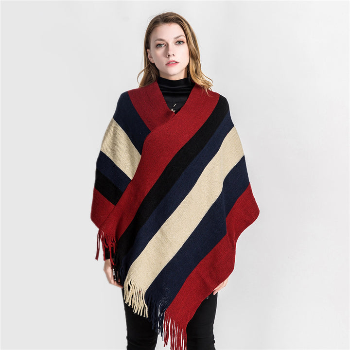 Damen Oversize‑Strickruana mit Fransensaum und diagonaler Blockstreifen‑Optik Echo Archiv