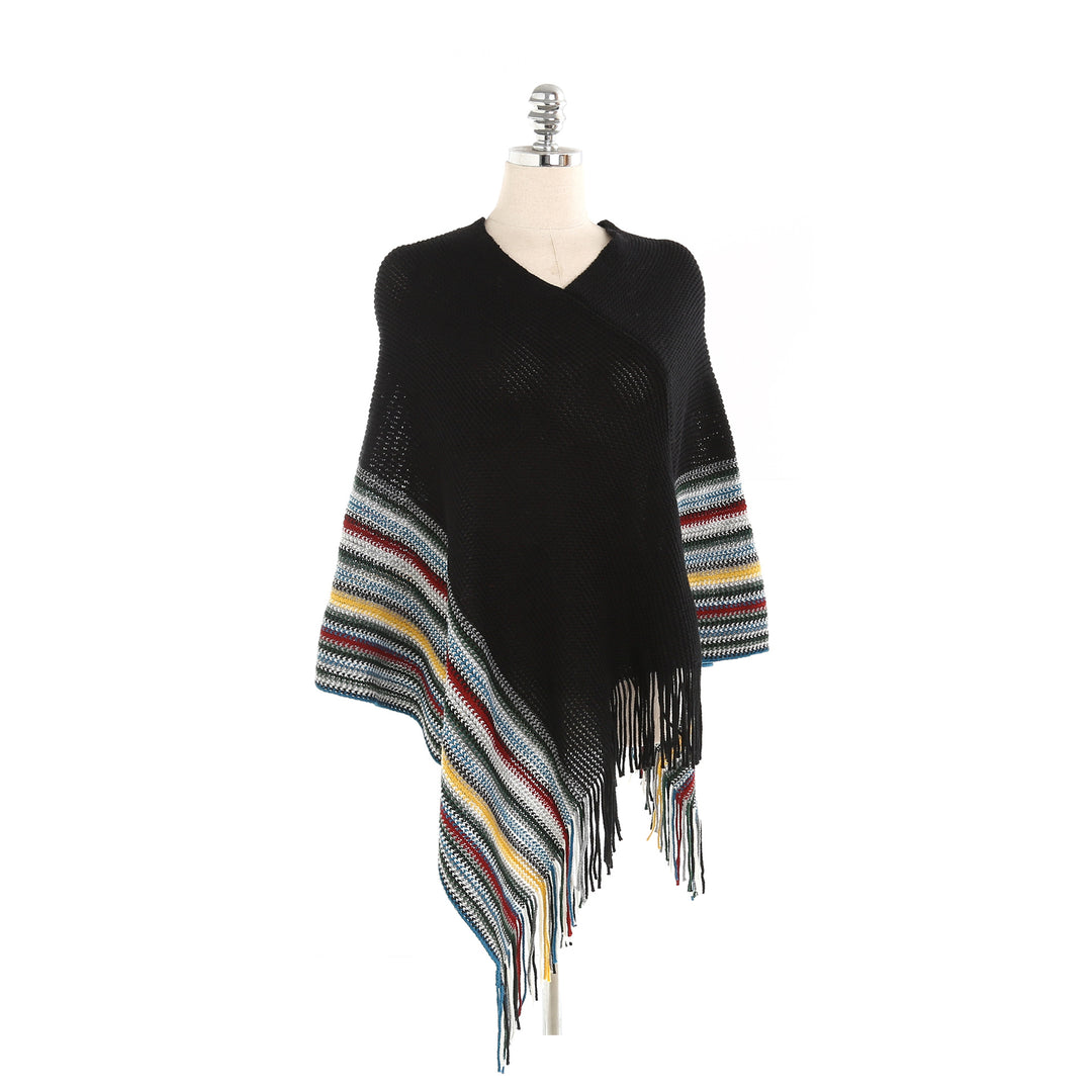 Damen Oversize-Strickruana mit Fransen und gestreifter Bordüre Echo Archiv