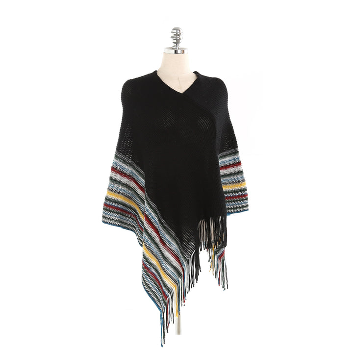 Damen Oversize-Strickruana mit Fransen und gestreifter Bordüre Echo Archiv