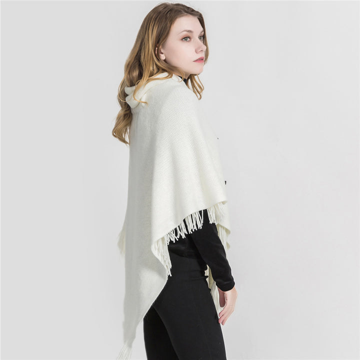 Damen Strick‑Kapuzencape im Hahnentritt‑Jacquard mit Fransensaum – Veloura