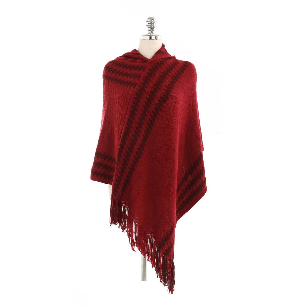 Damen Strick‑Kapuzencape im Hahnentritt‑Jacquard mit Fransensaum – Veloura