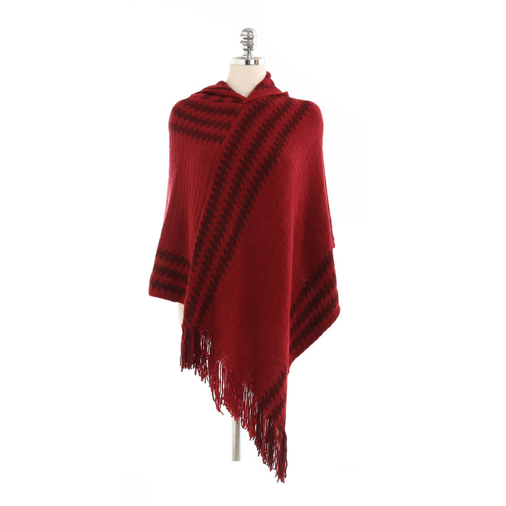 Damen Strick‑Kapuzencape im Hahnentritt‑Jacquard mit Fransensaum – Veloura