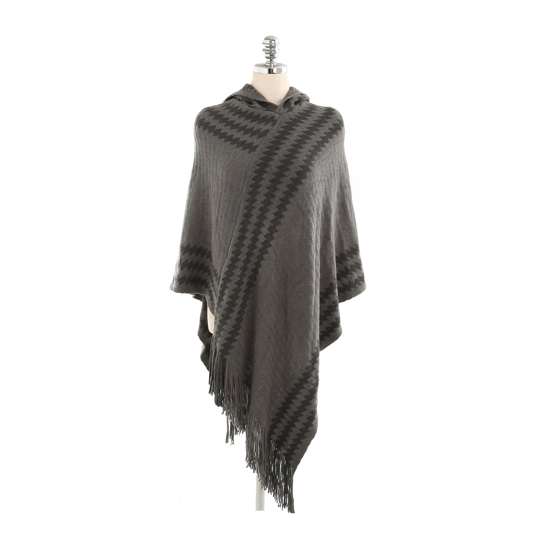 Damen Strick‑Kapuzencape im Hahnentritt‑Jacquard mit Fransensaum – Veloura
