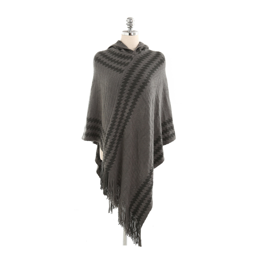 Damen Strick‑Kapuzencape im Hahnentritt‑Jacquard mit Fransensaum – Veloura