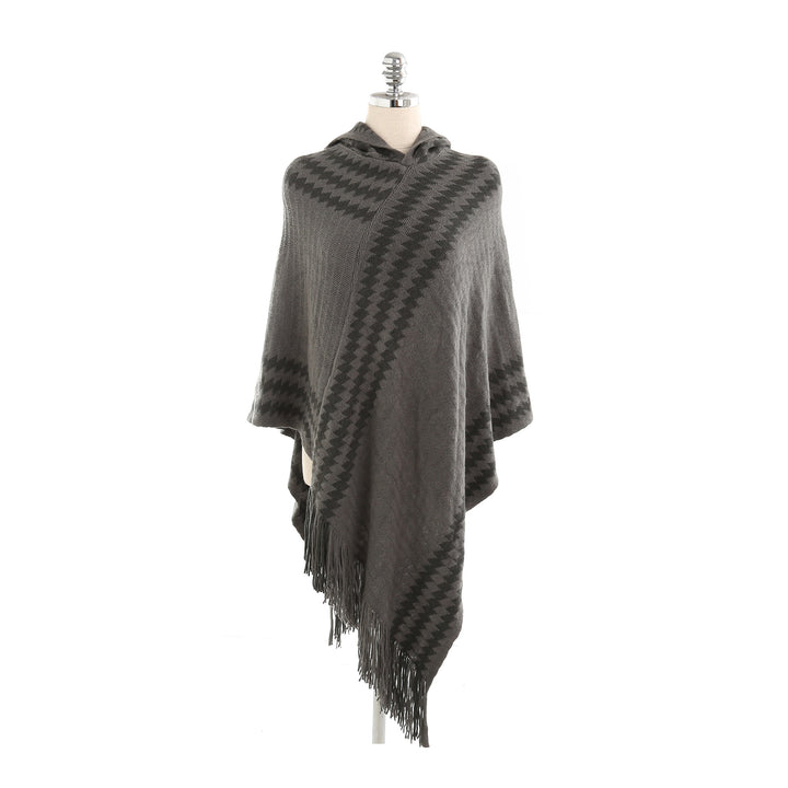 Damen Strick‑Kapuzencape im Hahnentritt‑Jacquard mit Fransensaum – Veloura