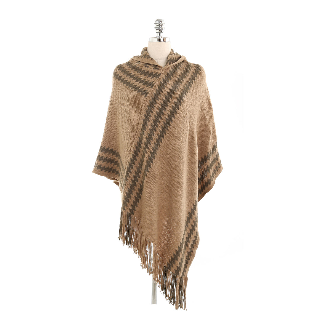 Damen Strick‑Kapuzencape im Hahnentritt‑Jacquard mit Fransensaum – Veloura
