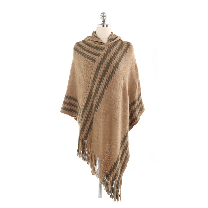 Damen Strick‑Kapuzencape im Hahnentritt‑Jacquard mit Fransensaum – Veloura