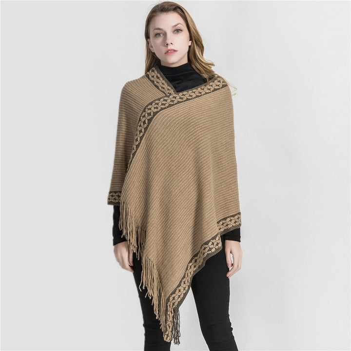 Damen V-Ausschnitt Ruana-Poncho mit geflochtener Bordüre und Fransen Echo Archiv