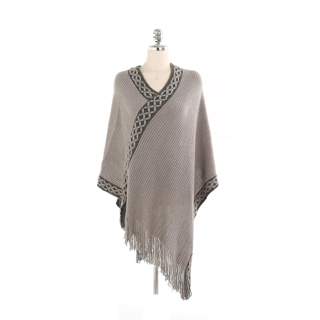 Damen V-Ausschnitt Ruana-Poncho mit geflochtener Bordüre und Fransen – Auréline