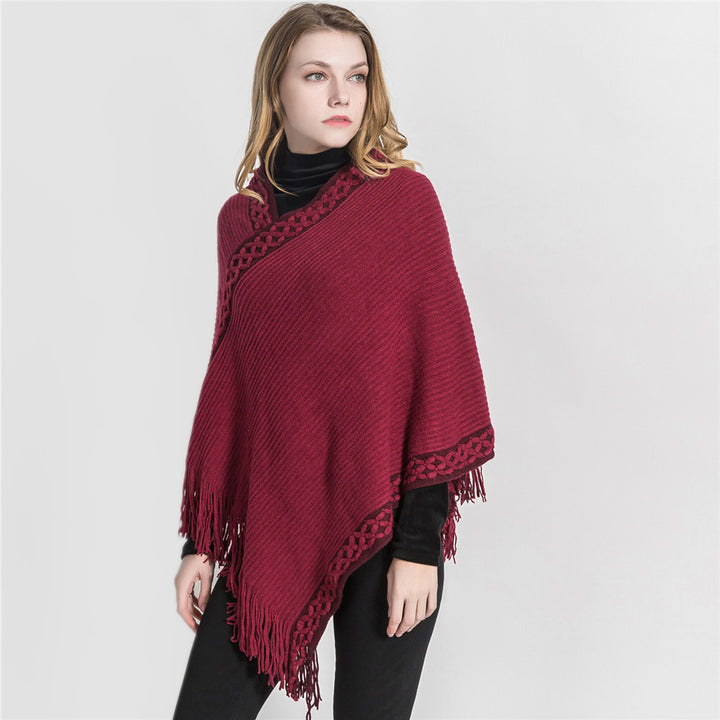 Damen V-Ausschnitt Ruana-Poncho mit geflochtener Bordüre und Fransen Echo Archiv