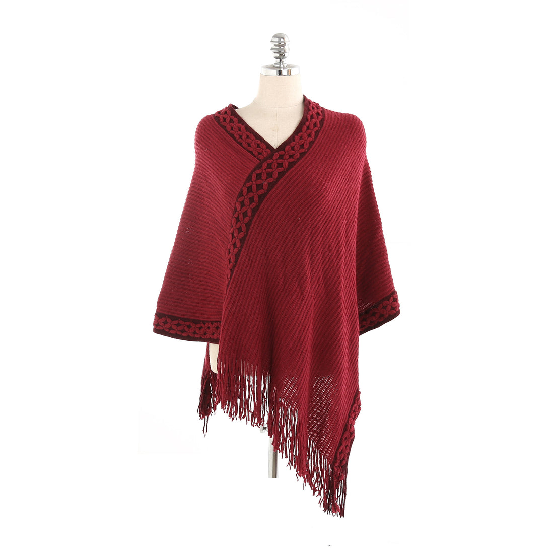 Damen V-Ausschnitt Ruana-Poncho mit geflochtener Bordüre und Fransen – Auréline
