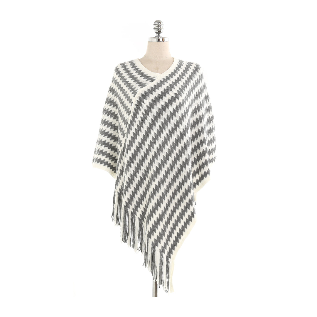 Damen Kaschmir‑Touch Ruana‑Poncho mit Zickzack‑Jacquard und Fransensaum Echo Archiv
