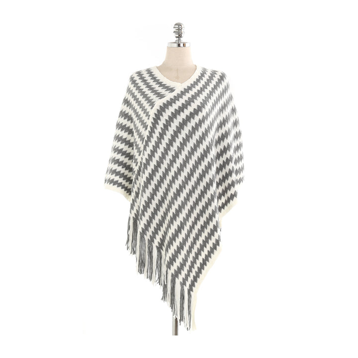 Damen Kaschmir‑Touch Ruana‑Poncho mit Zickzack‑Jacquard und Fransensaum Echo Archiv