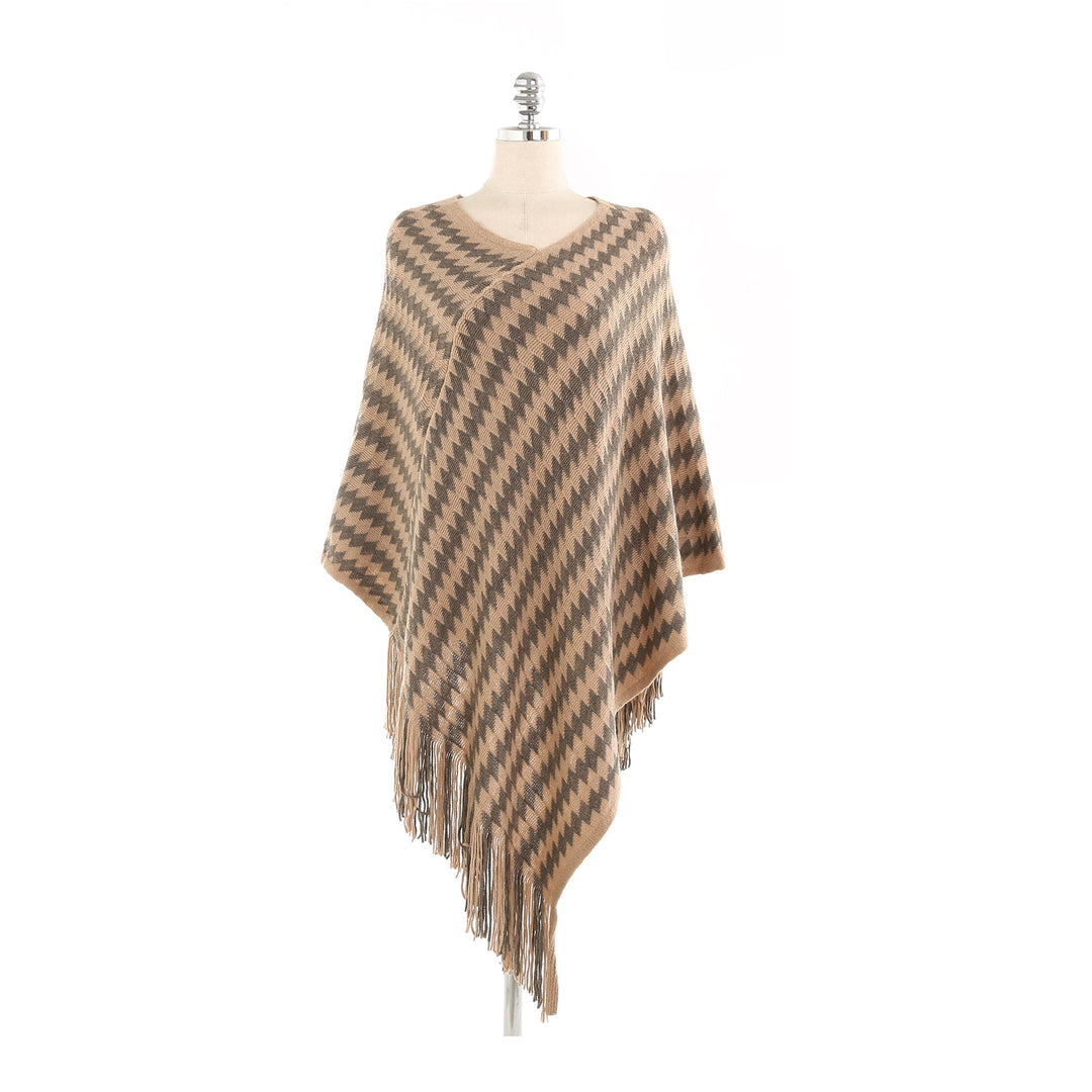 Damen Kaschmir‑Touch Ruana‑Poncho mit Zickzack‑Jacquard und Fransensaum Echo Archiv