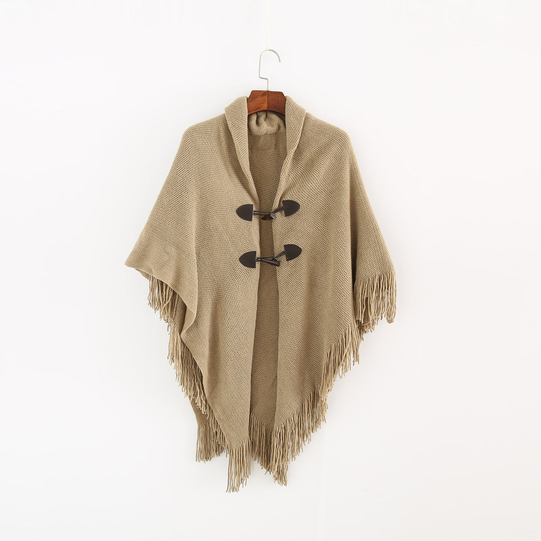 Damen Strick-Ruana-Poncho mit Schalkragen, Knebelverschlüssen und Fransensaum – Veloura