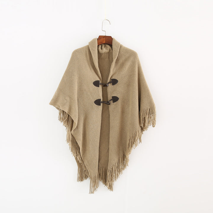 Damen Strick-Ruana-Poncho mit Schalkragen, Knebelverschlüssen und Fransensaum – Veloura