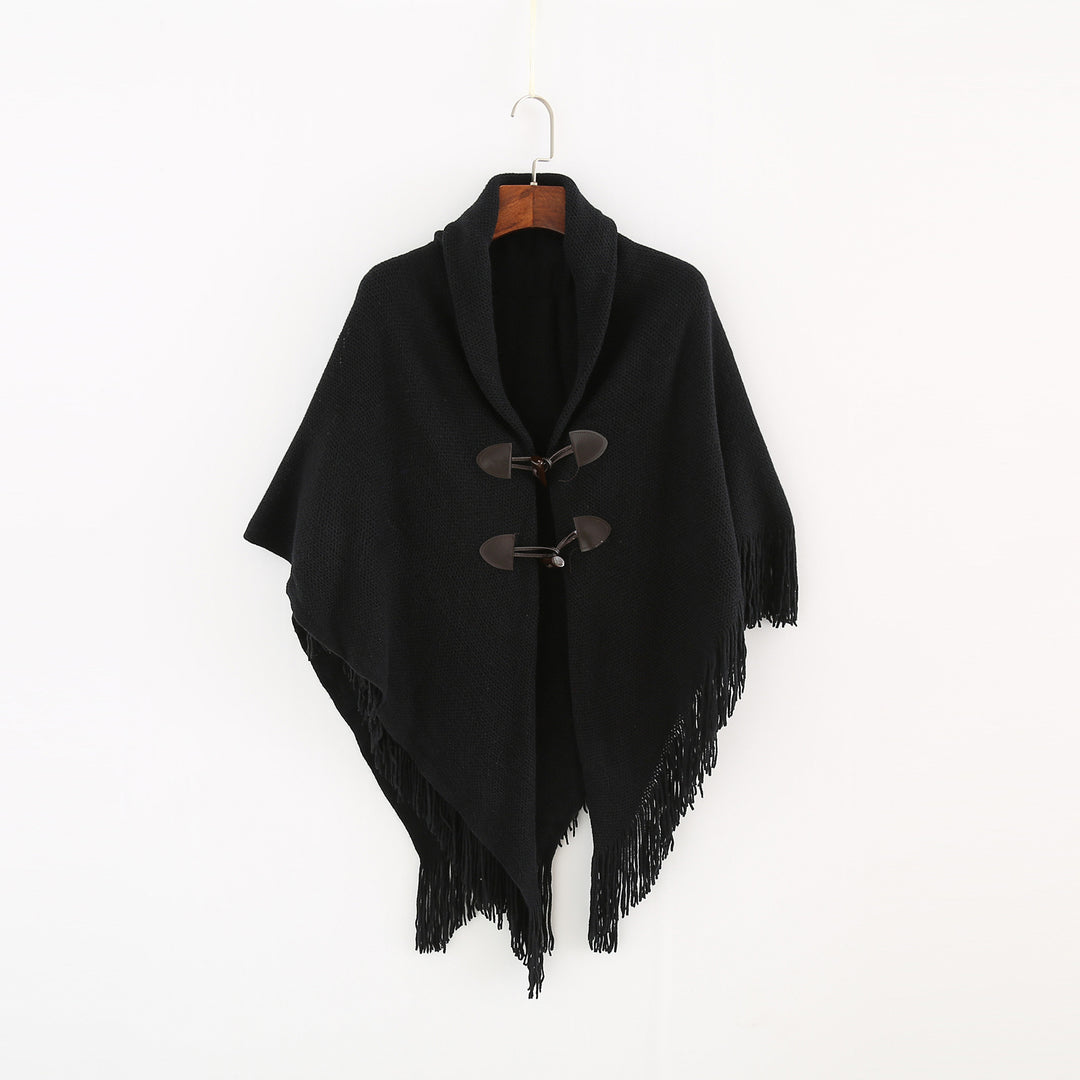 Damen Strick-Ruana-Poncho mit Schalkragen, Knebelverschlüssen und Fransensaum – Veloura