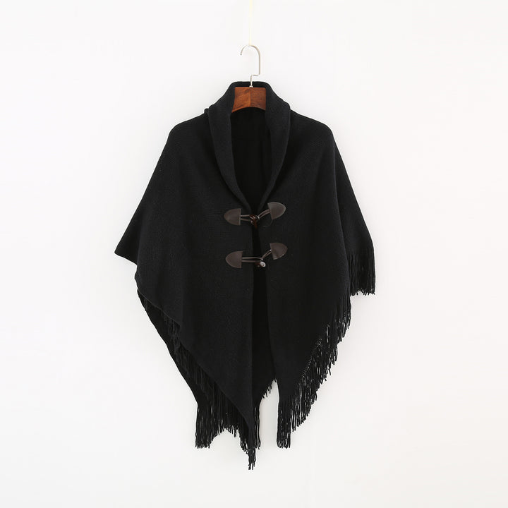 Damen Strick-Ruana-Poncho mit Schalkragen, Knebelverschlüssen und Fransensaum – Veloura