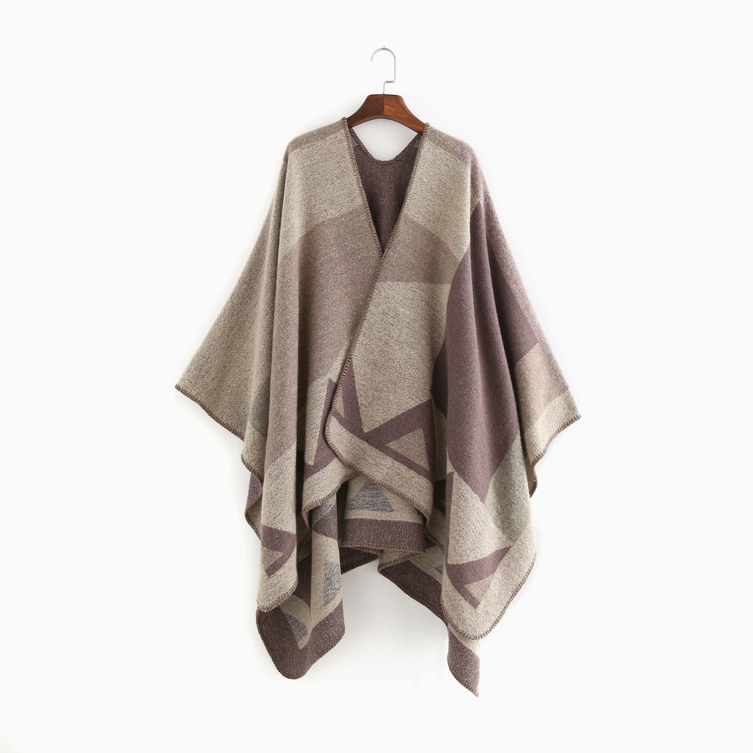 Damen Oversize-Ruana aus Wollmix mit geometrischem Intarsia und offenem Kimono-Fall – Avérine