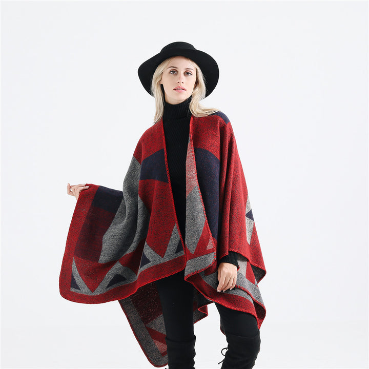 Damen Oversize-Ruana aus Wollmix mit geometrischem Intarsia und offenem Kimono-Fall – Avérine