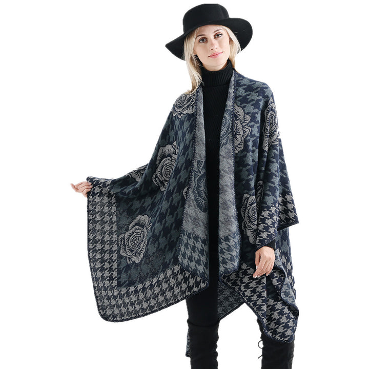 Damen Jacquard-Ruana mit Hahnentritt- und Rosenmotiv – Avérine