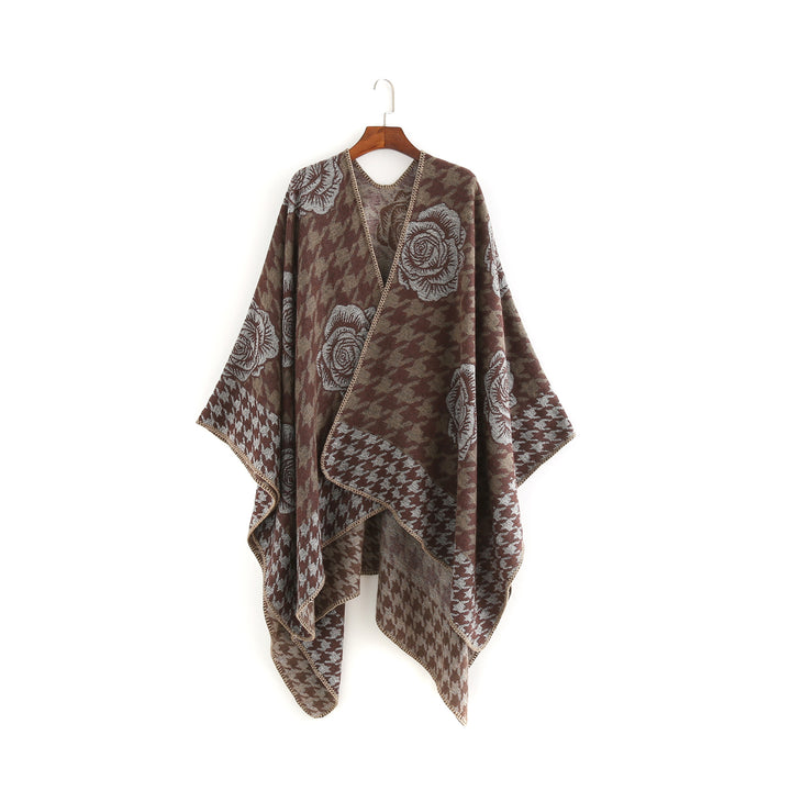 Damen Jacquard-Ruana mit Hahnentritt- und Rosenmotiv – Avérine