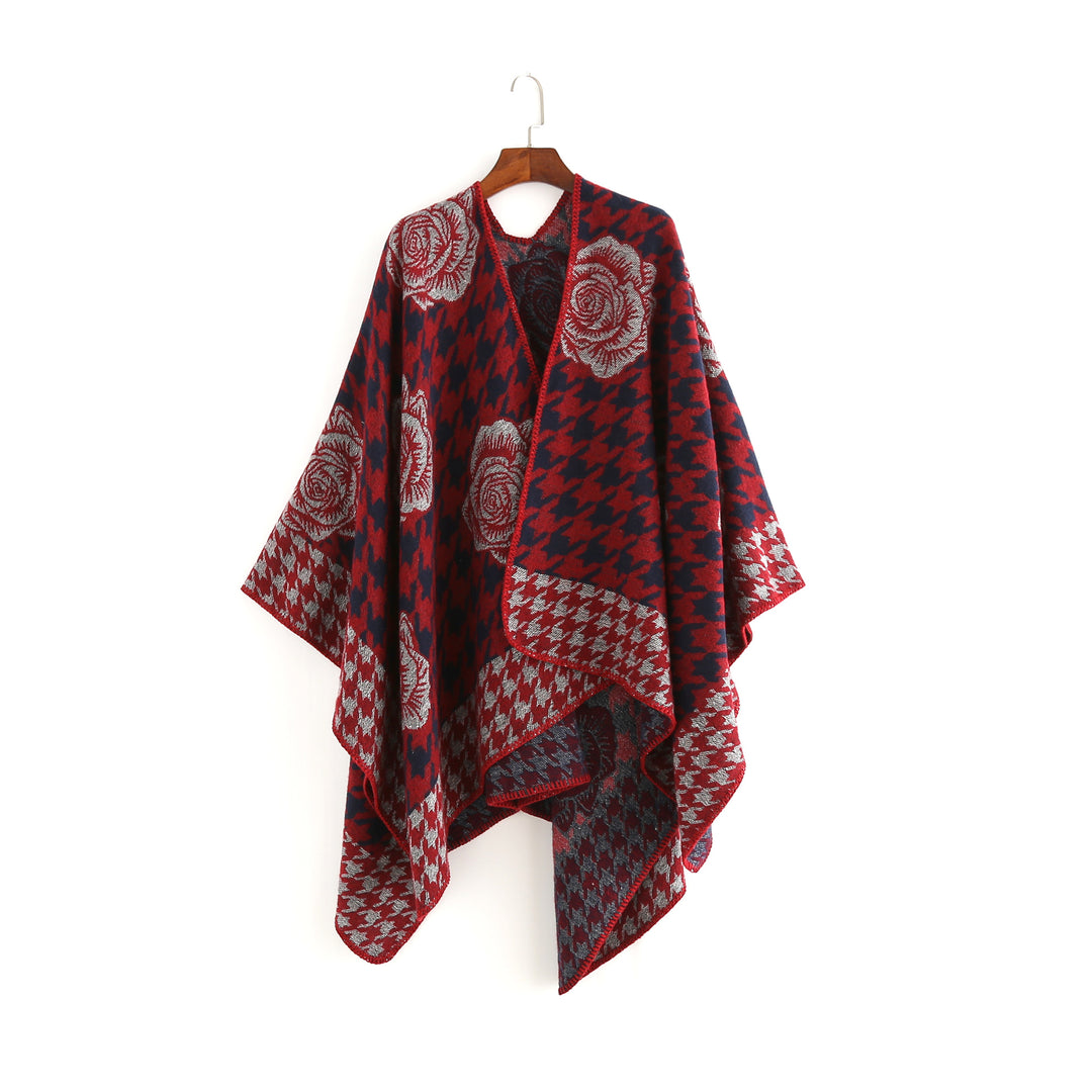 Damen Jacquard-Ruana mit Hahnentritt- und Rosenmotiv – Avérine
