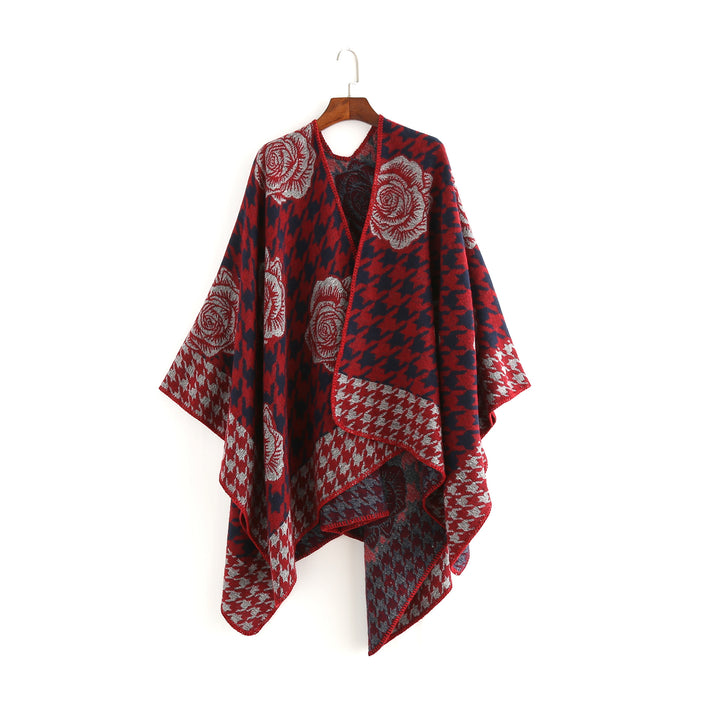 Damen Jacquard-Ruana mit Hahnentritt- und Rosenmotiv – Avérine