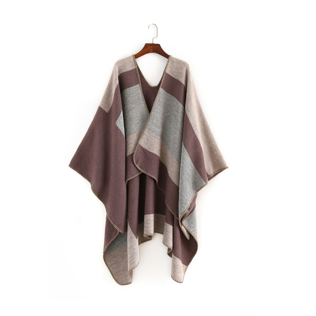 Damen Oversize‑Ruana‑Poncho aus Wollmix mit geometrischem Blockjacquard und V‑Ausschnitt – Veloura