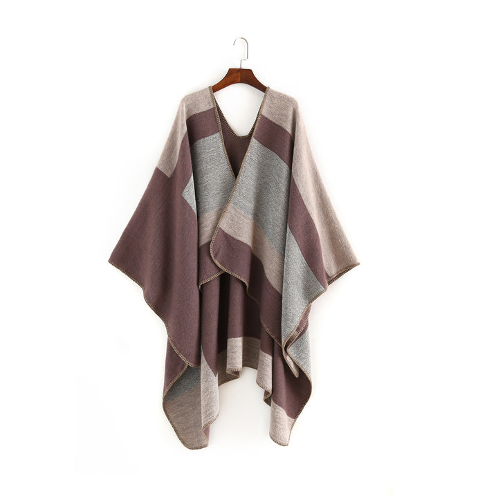 Damen Oversize‑Ruana‑Poncho aus Wollmix mit geometrischem Blockjacquard und V‑Ausschnitt – Veloura