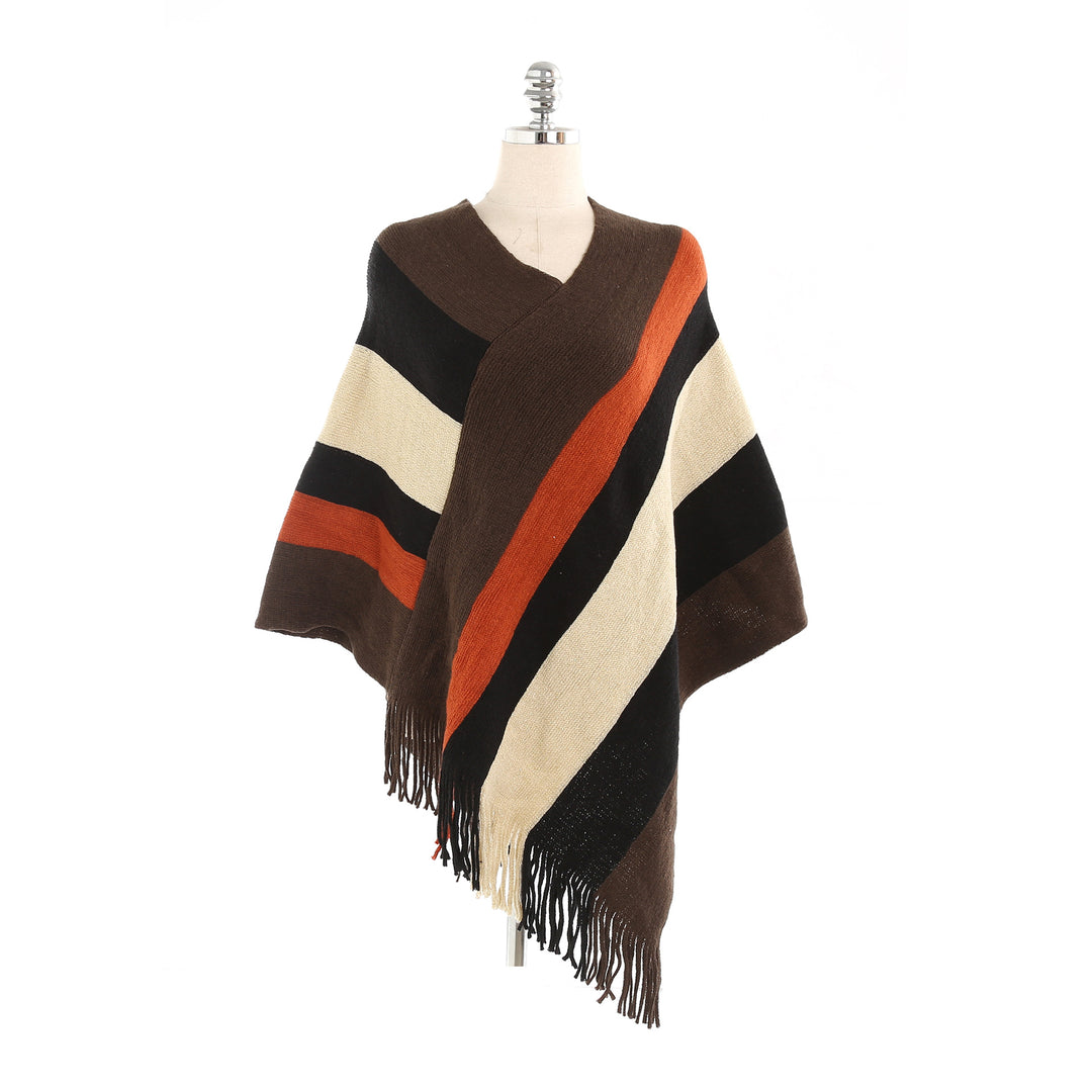 Damen Oversize‑Strickruana mit Fransensaum und diagonaler Blockstreifen‑Optik Echo Archiv