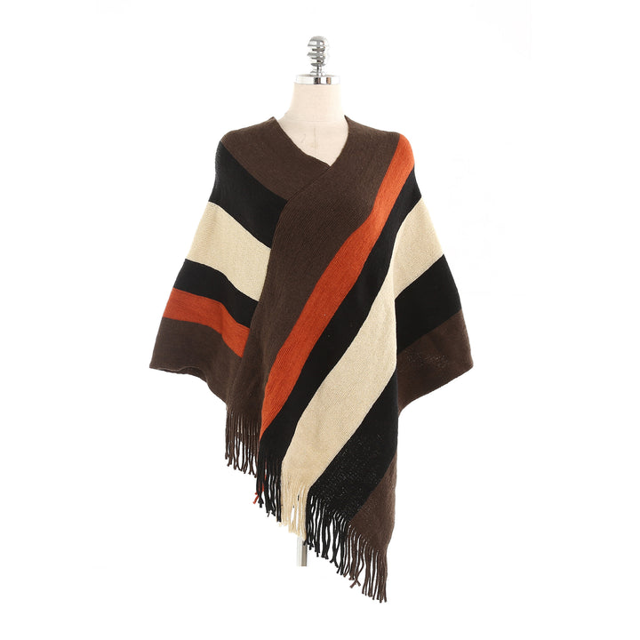 Damen Oversize‑Strickruana mit Fransensaum und diagonaler Blockstreifen‑Optik Echo Archiv