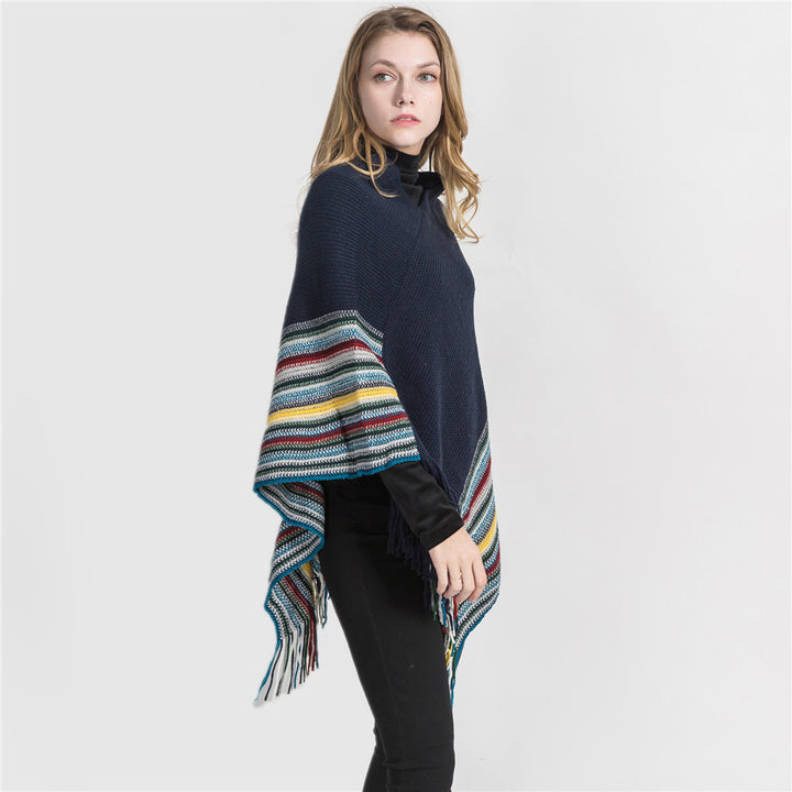 Damen Oversize-Strickruana mit Fransen und gestreifter Bordüre Echo Archiv
