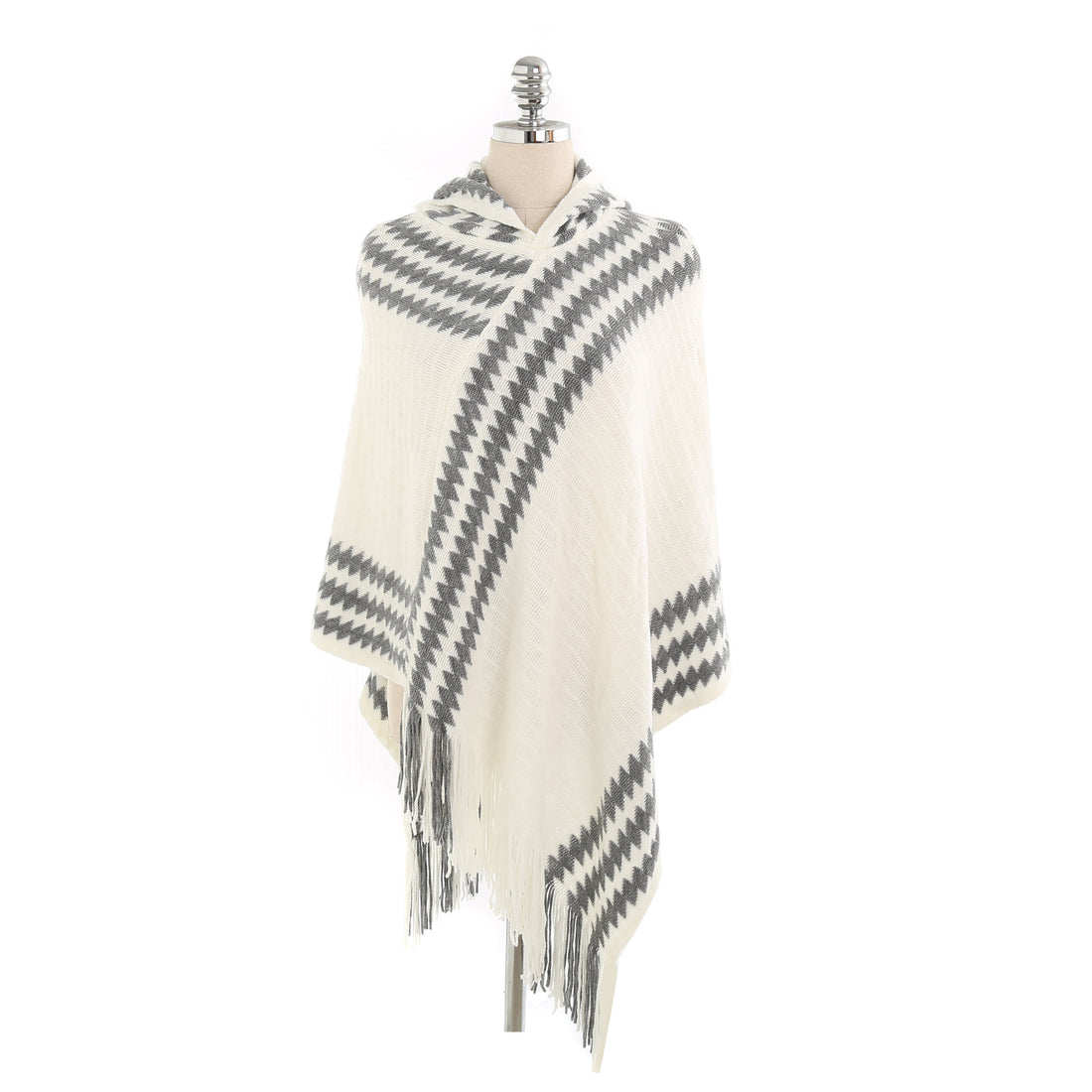 Damen Strick‑Kapuzencape im Hahnentritt‑Jacquard mit Fransensaum – Veloura